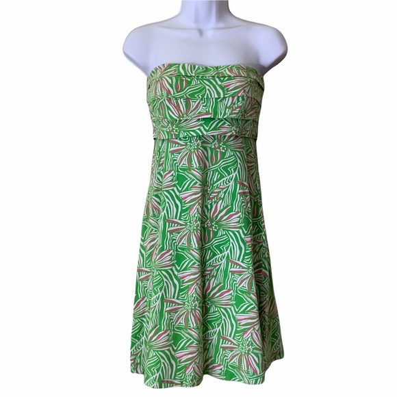 Lilly Pulitzer Strapless Mini Dress Green Pink Floral Pleated EUC